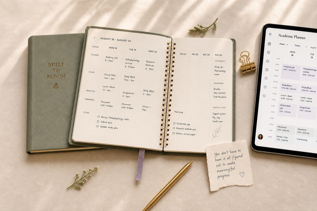 Open academic planner, sage notebook, tablet planner, and stationery arranged on a warm ivory desk