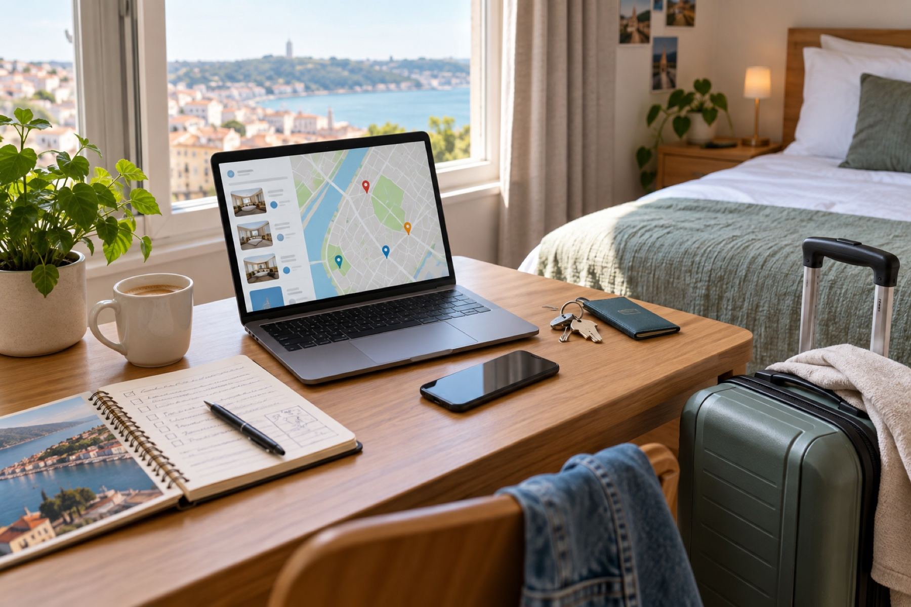Student traveler lodging planning setup with laptop map, notebook, keys, phone, coffee, and suitcase in a bright room